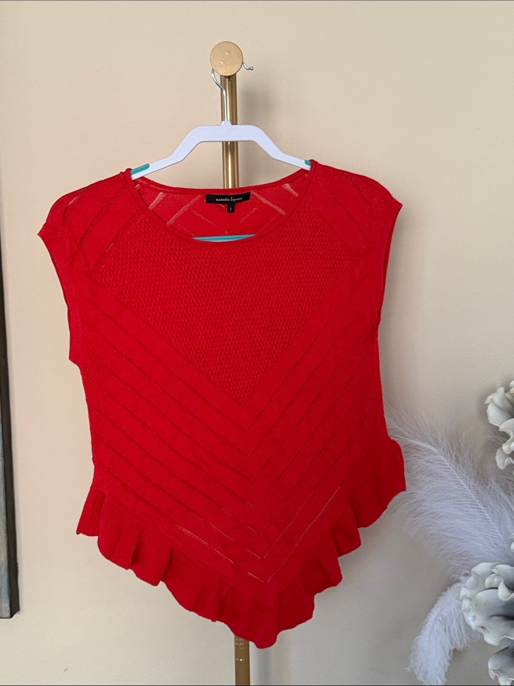 Nanette Lepore Red Ruffled Hem Knit Pointelle Top